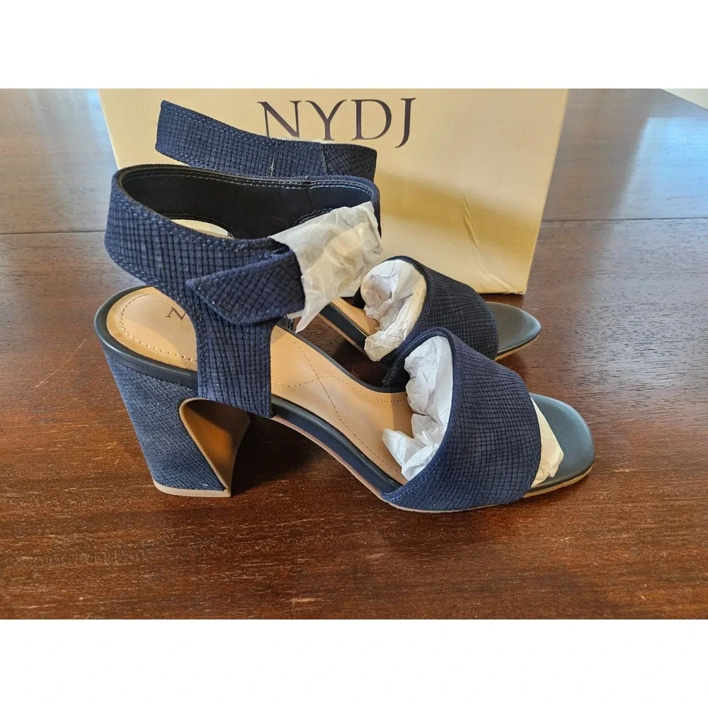NYDJ Liz Suede Navy Blue Canvas Block Heel Ankle Strap Sandals Size 10 M New